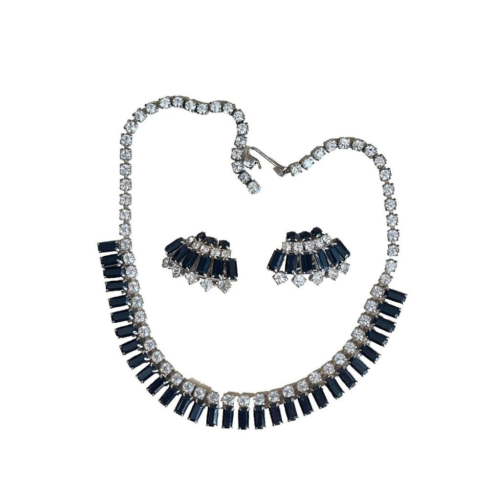 Vintage Crystal Rhinestone Black Jet Stone Necklace and Earrings Set c 1940